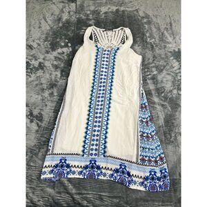 Luxology Womens Boho Sleeveless Embroidered Dress Size 8 White/Blue Crochet Back